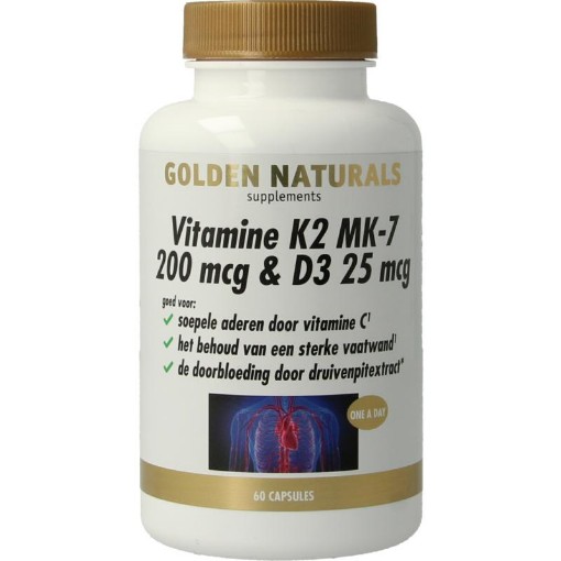 Golden Naturals Vitamine K2 200mcg & D3 25mcg 60 capsules afbeelding