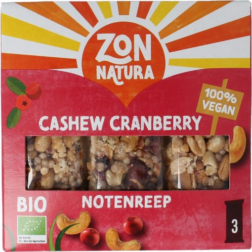 afbeelding van notenreep cashew cranberry zon