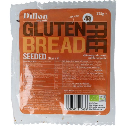 Dillon Organic Sliced bread seeded glutenvrij bio demeter 275g